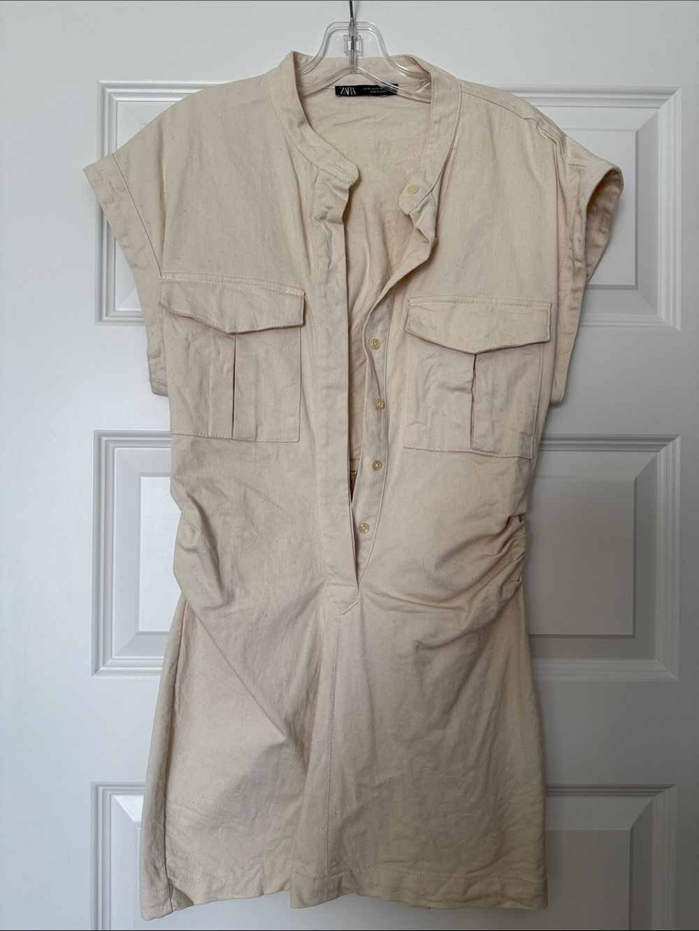 Zara Beige Sleeveless Utility Mini Dress with Chest Pockets